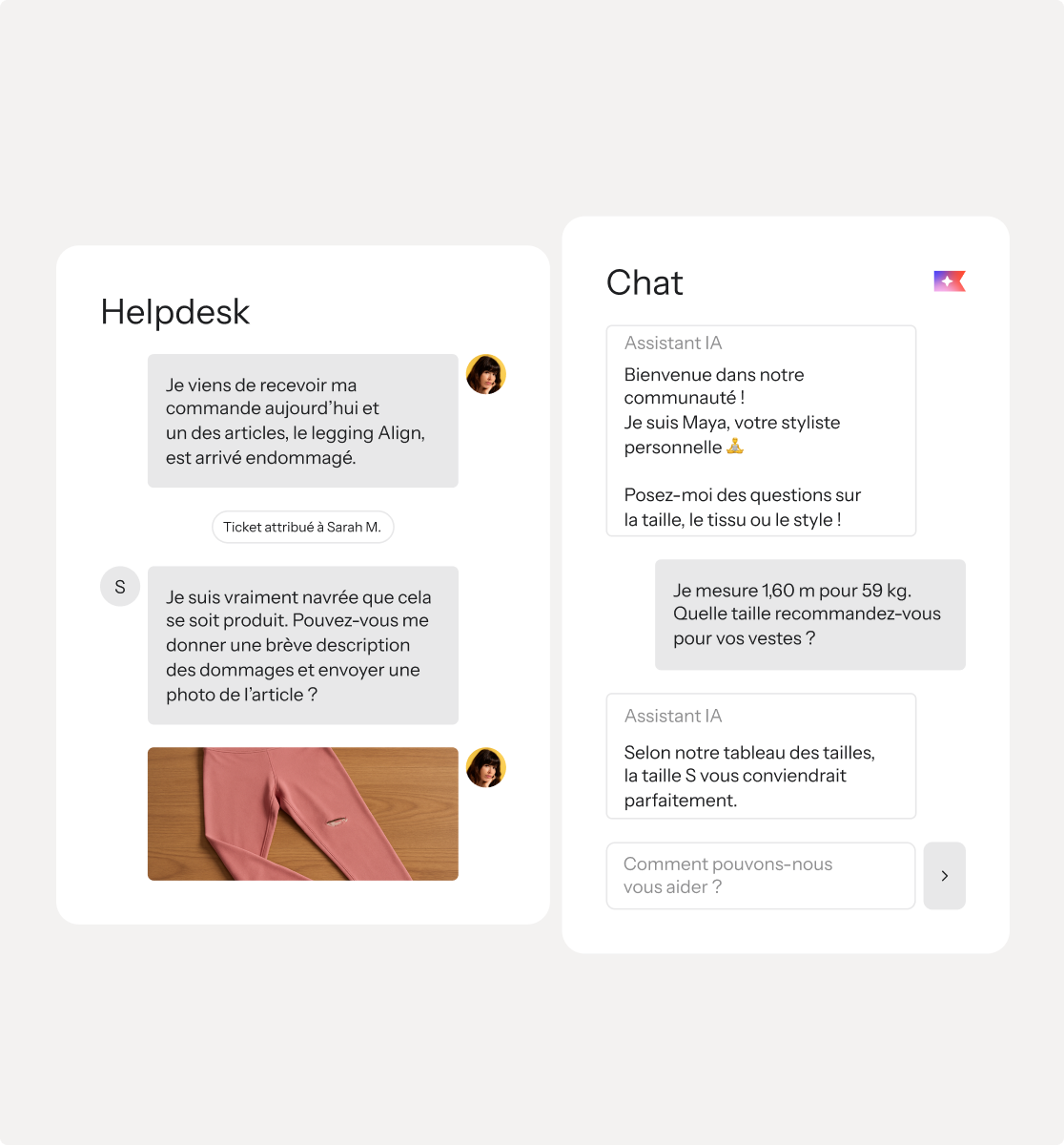 Deux interfaces de chat en français : un helpdesk montrant des leggings roses endommagés et un chat IA avec une recommandation de taille.