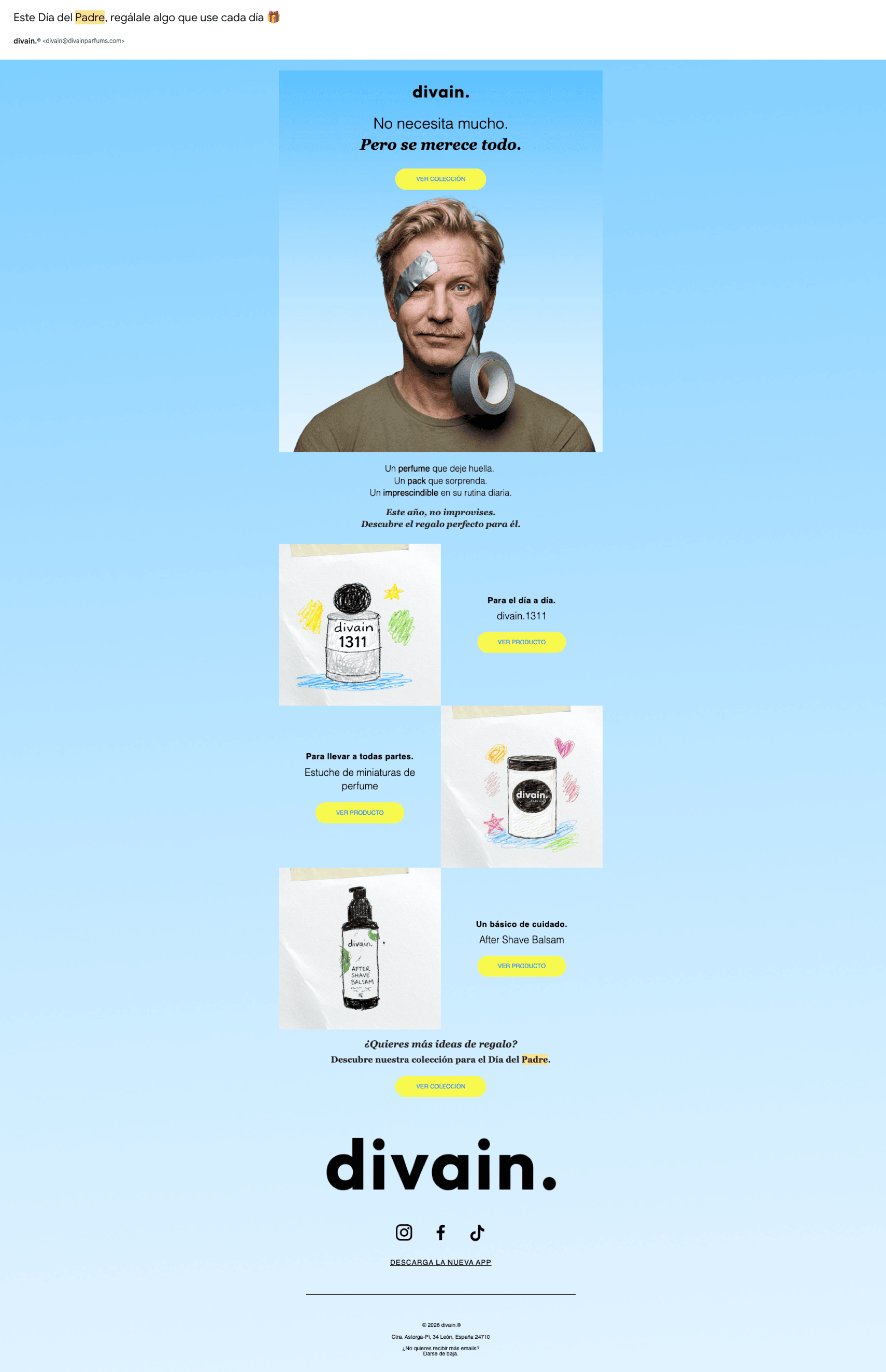 Captura de un email de la tienda de perfumes Divain por el Día del Padre, con un hombre con cinta adhesiva americana en la cara y 3 productos de perfumería destacados.