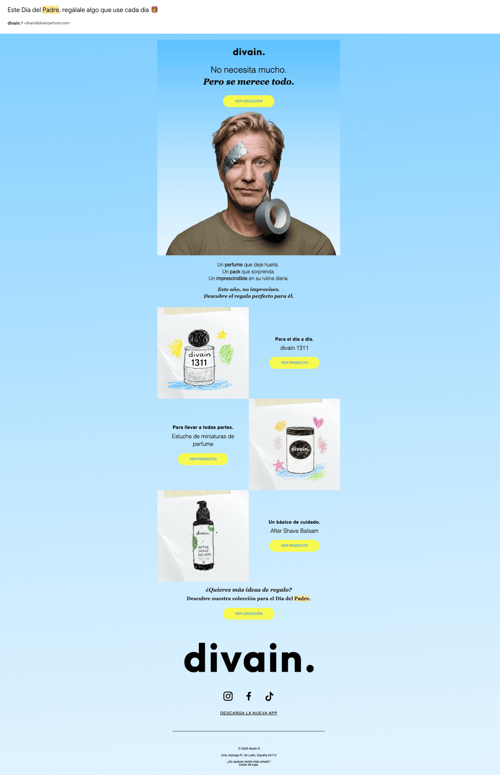 Captura de un email de la tienda de perfumes Divain por el Día del Padre, con un hombre con cinta adhesiva americana en la cara y 3 productos de perfumería destacados.