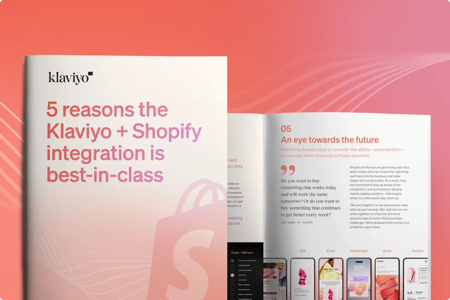 eBook displaying 5 reasons the Klaviyo + Shopify integration is best-in-class on a gradient background