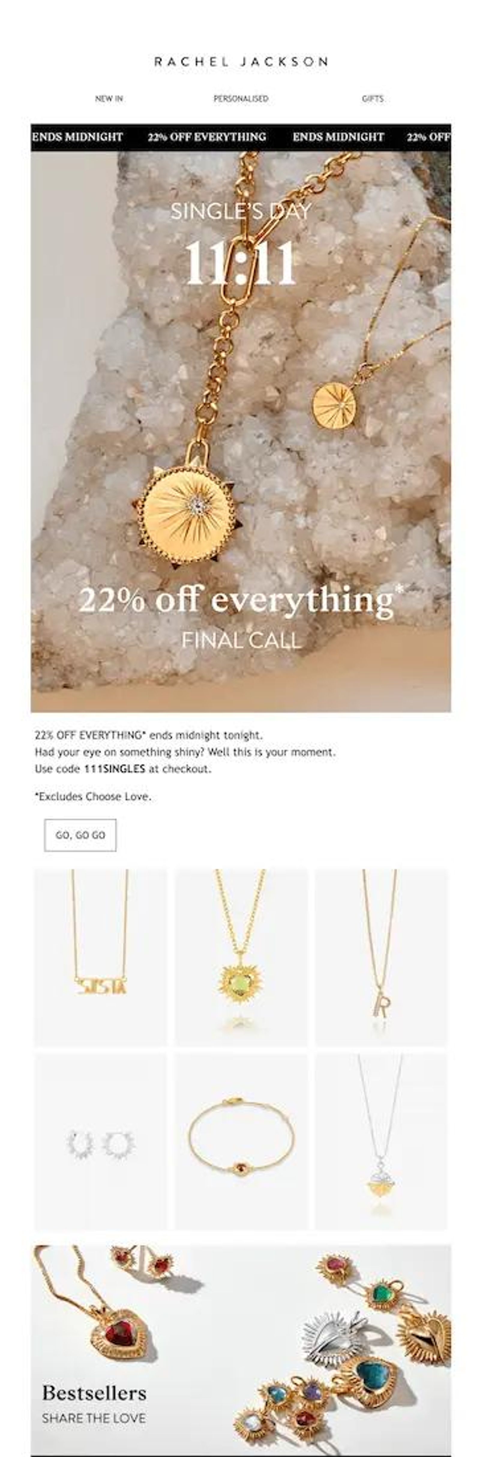 Rachel Jackson jewelry email ad featuring gold necklaces on crystal, announcing a Single's Day '11:11' sale with '22% off everything' and 'FINAL CALL'.