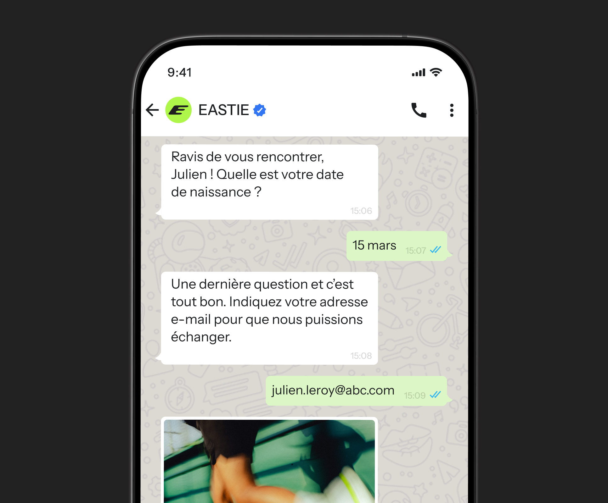 Smartphone displaying a chat conversation with EASTIE, asking for date of birth and email, with a partial image at the bottom.