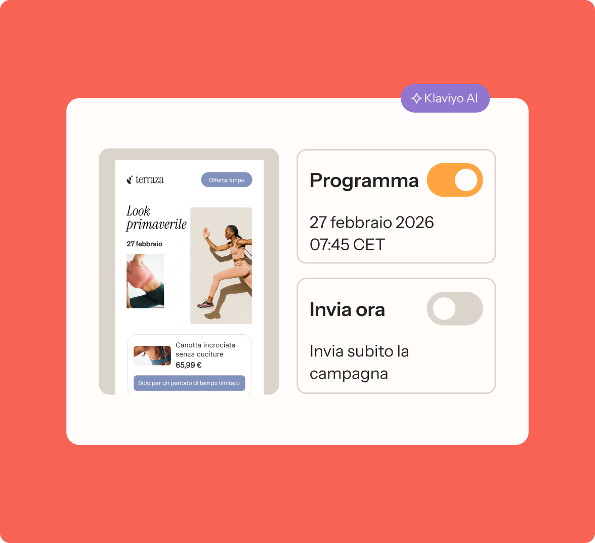 Interfaccia di programmazione della campagna email con l'anteprima di un annuncio «Look primaverile»