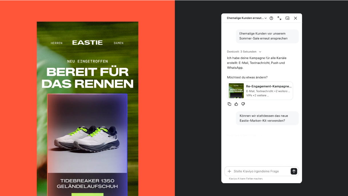Mobile ad for Eastie running shoes and a chat discussing Eastie marketing campaigns.