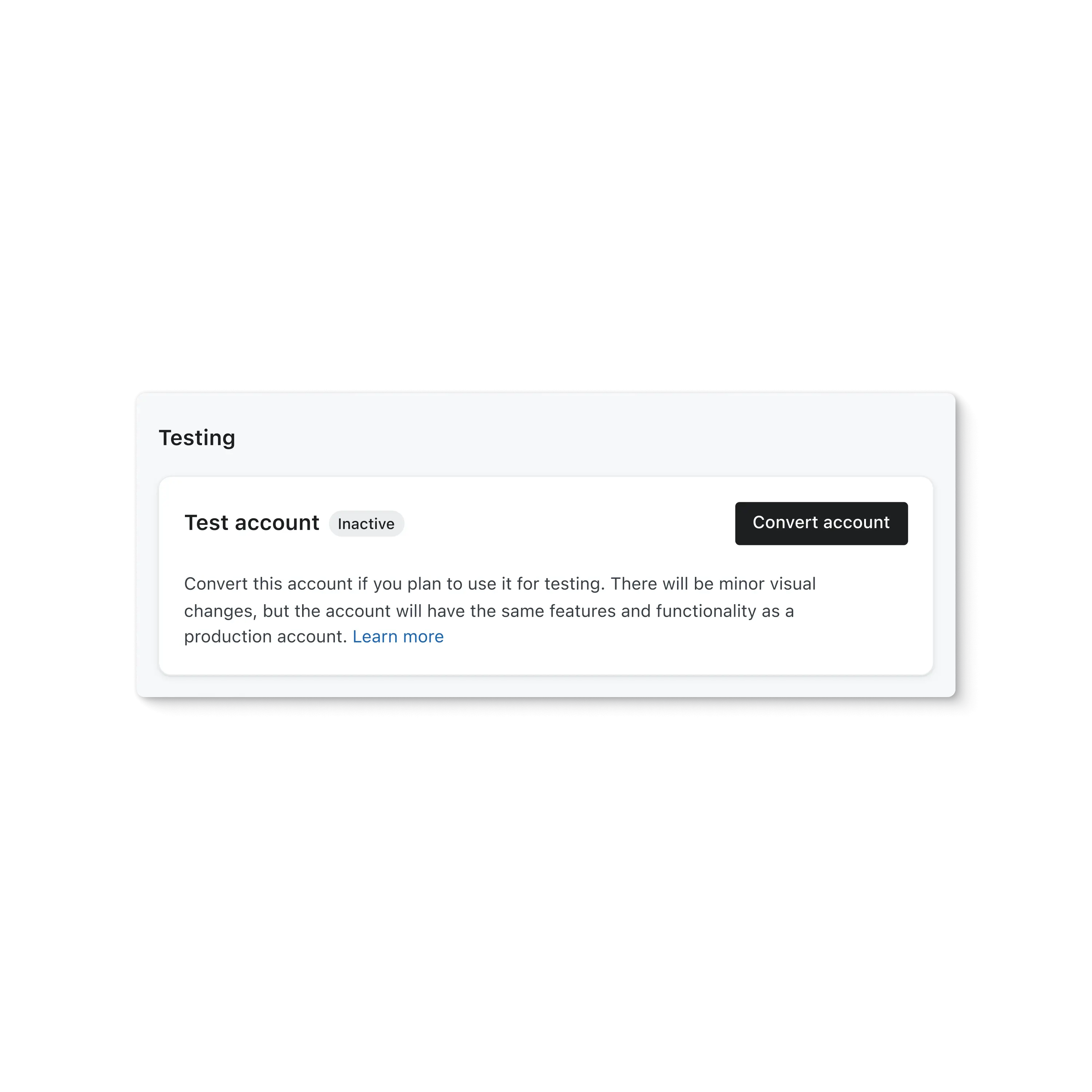 Klaviyo option for converting a secondary account to a test account that’s linked with your production account, with a link to learn how it works.