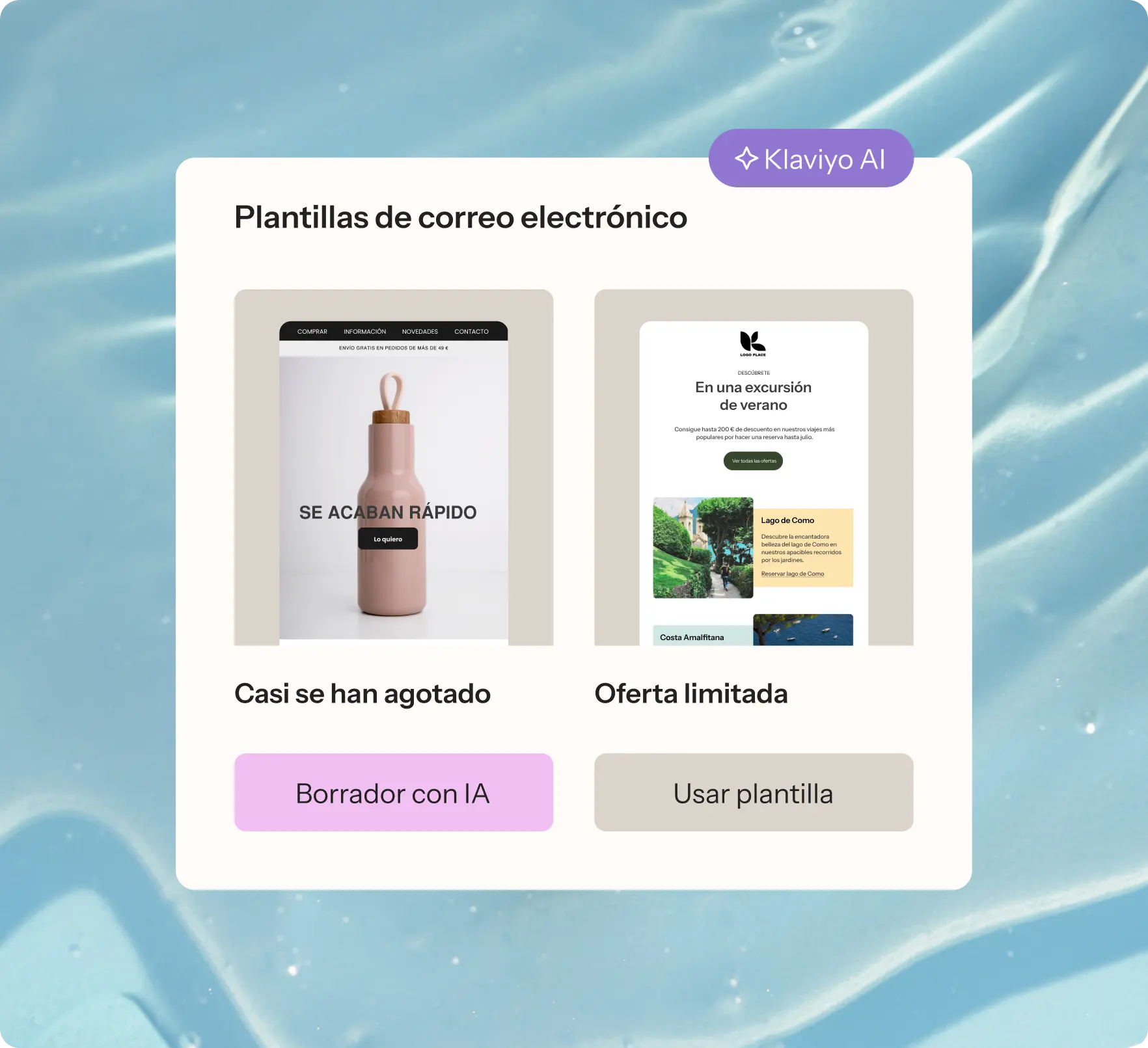 Imagen que ilustra las características de la plantilla de marketing por correo electrónico impulsada por IA de la plataforma Klaviyo