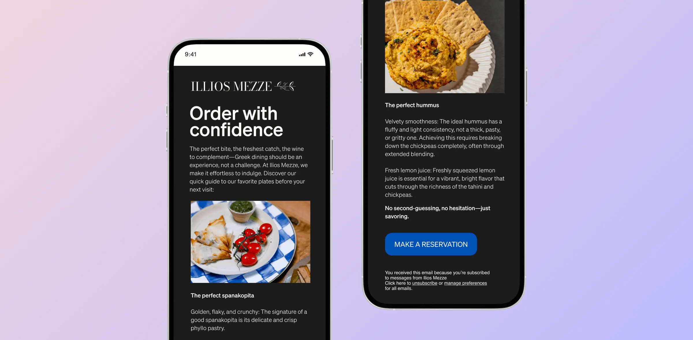 Two smartphones display a restaurant guide from "Illios Mezze," featuring dishes like spanakopita and hummus.