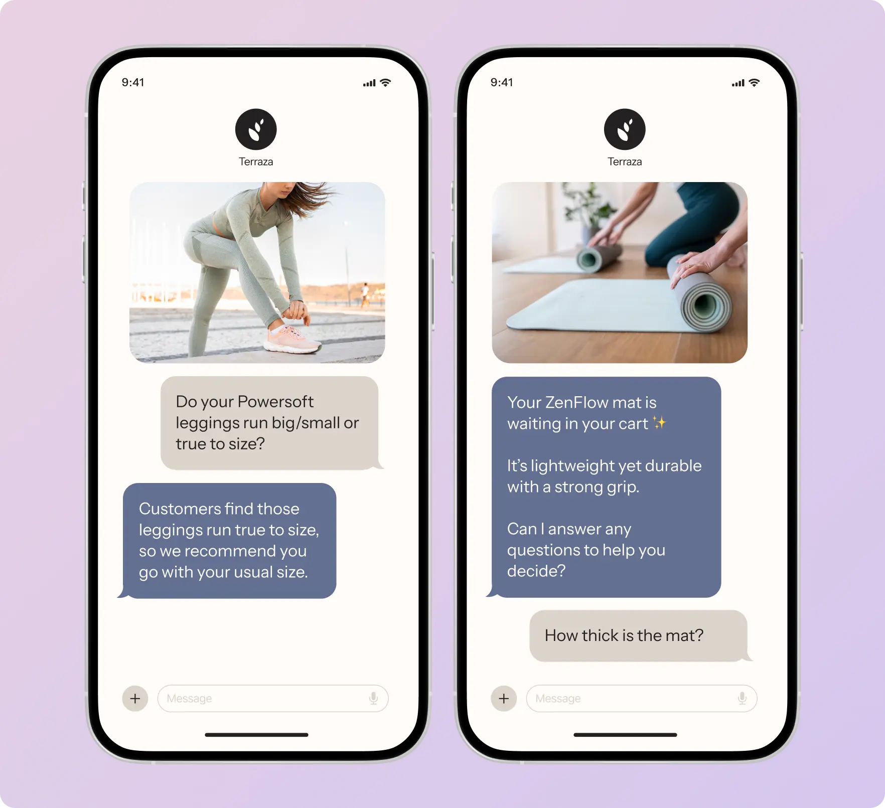Two smartphone screens showing chat interactions with a brand called Terraza. Left screen discusses leggings sizing; right screen discusses a yoga mat.