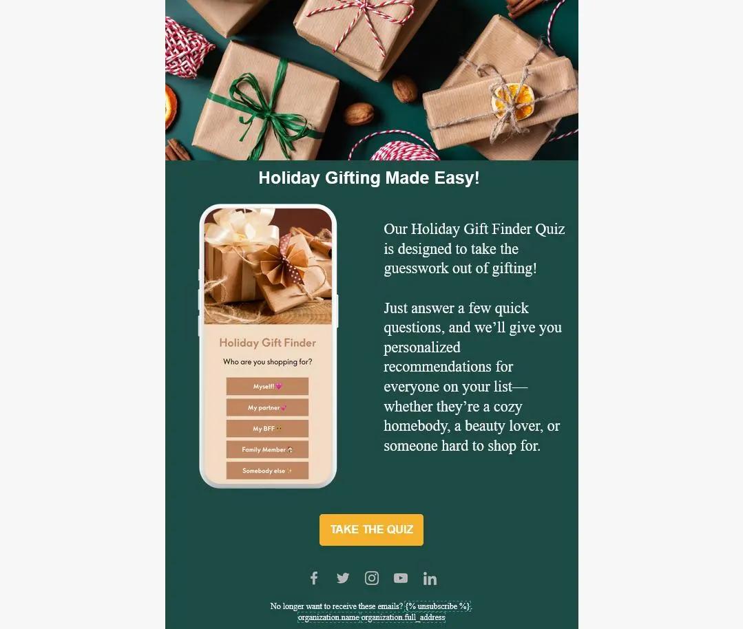 Geschenkverpackte Pakete, Smartphone mit "Holiday Gift Finder" Quiz, Text zur Geschenkauswahl, Button "Take the Quiz".