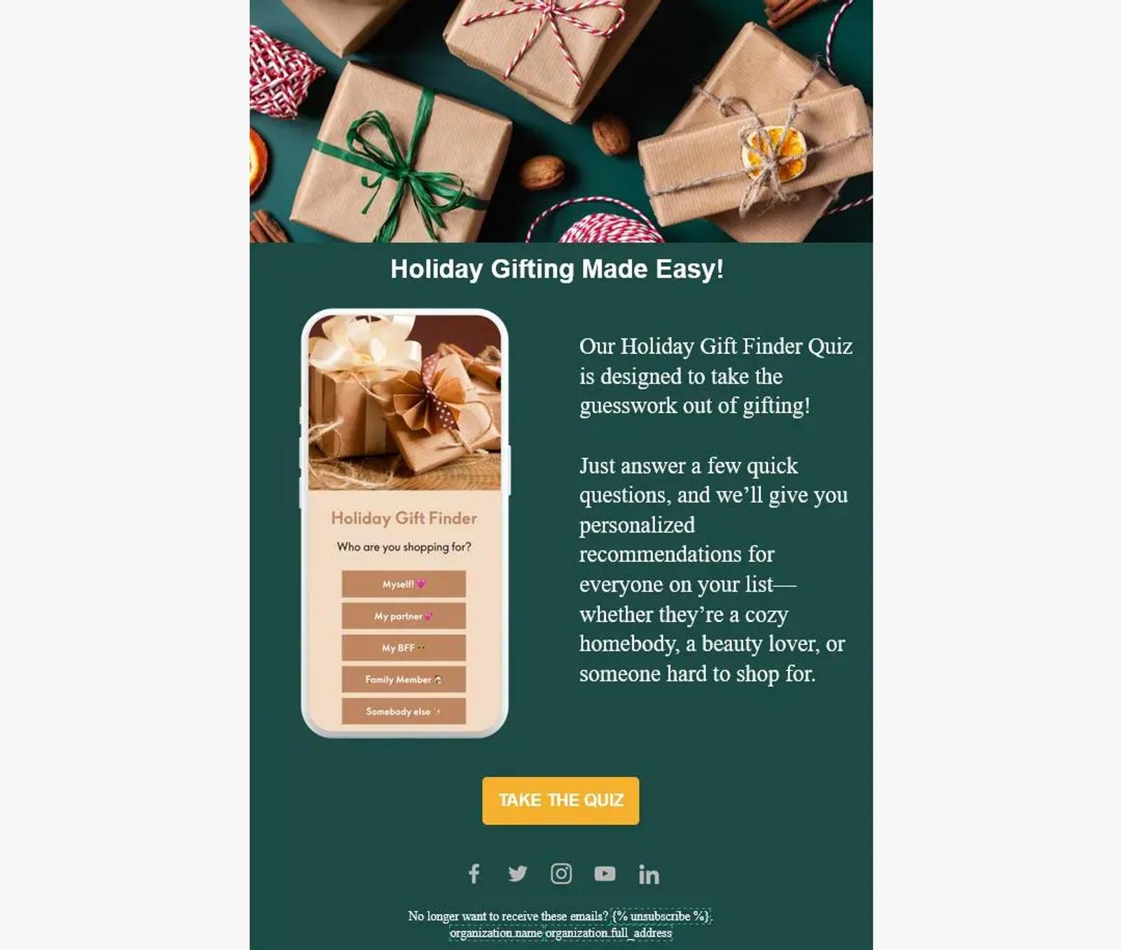 Geschenkverpackte Pakete, Smartphone mit "Holiday Gift Finder" Quiz, Text zur Geschenkauswahl, Button "Take the Quiz".