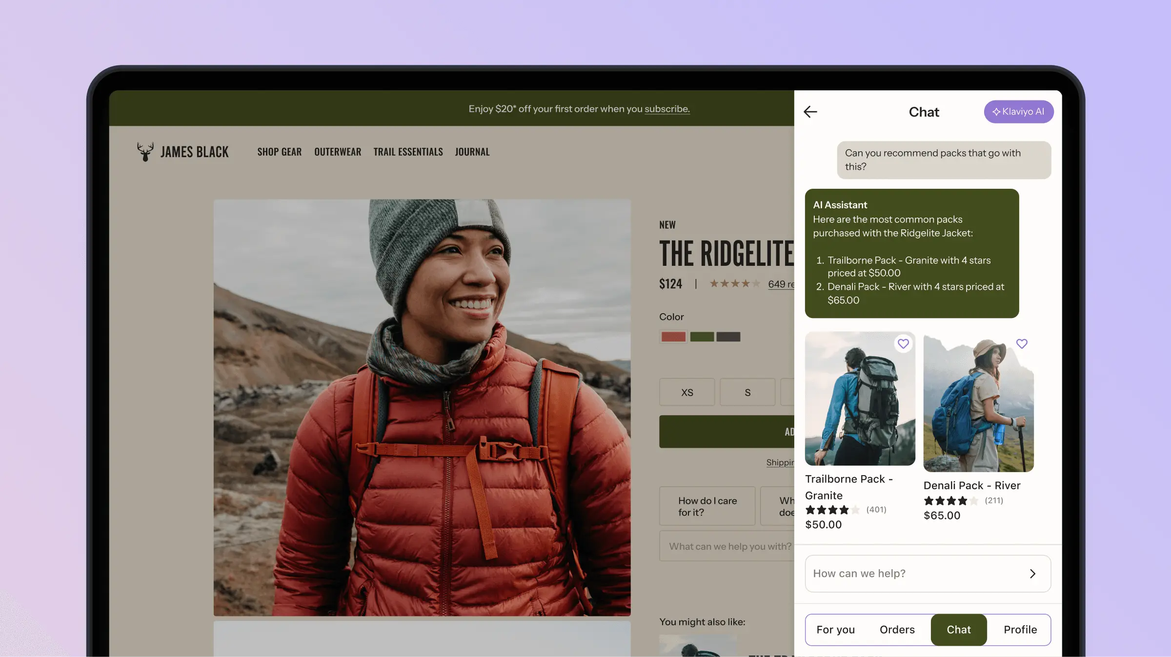 A person wearing a red jacket and gray beanie is featured on a shopping website. A chat window suggests compatible packs.