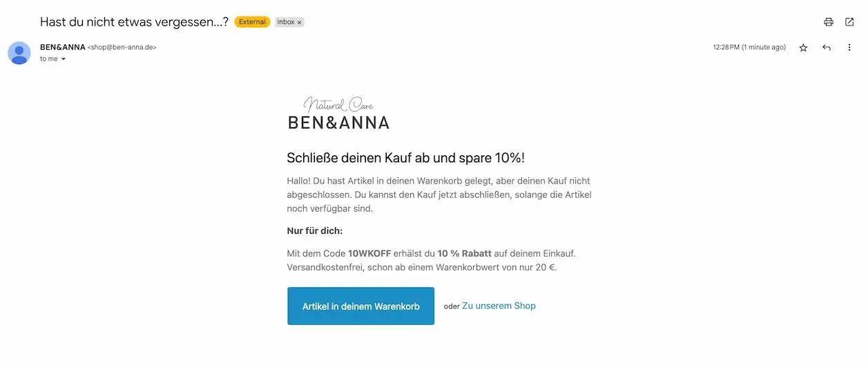 Benachrichtigungs-E-Mail von BEN&ANNA über einen abgebrochenen Warenkorb mit 10% Rabattangebot und Aktionscode.