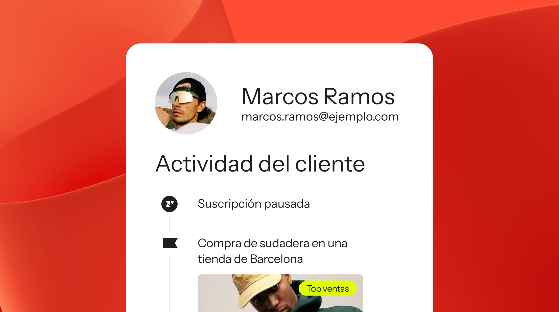 A UI card displaying Marcos Ramos' profile and customer activity log, showing a paused subscription and a purchase.