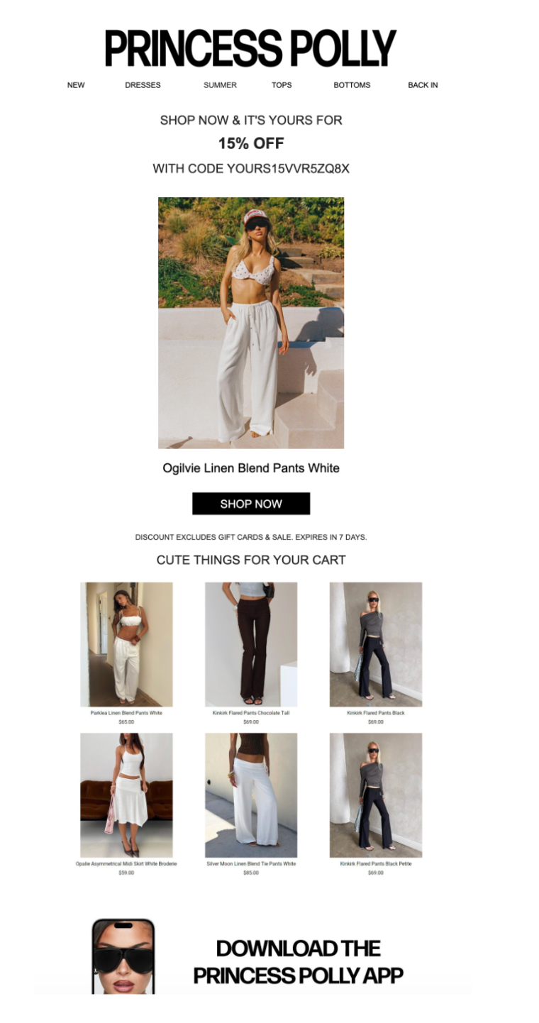Princess Polly promotional email advertising 15% off with a code, featuring a woman in white linen blend pants and other clothing items.