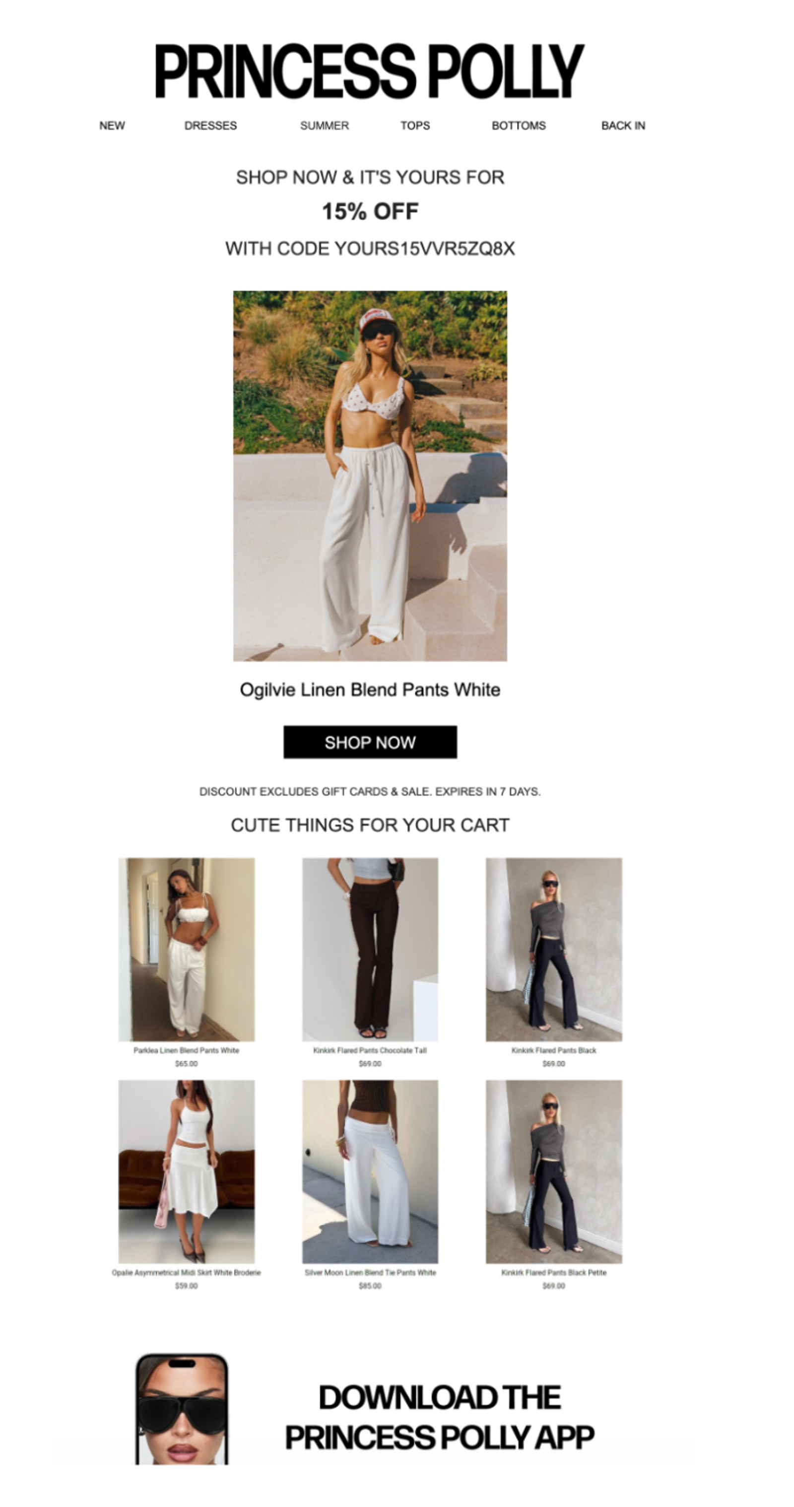 Princess Polly promotional email advertising 15% off with a code, featuring a woman in white linen blend pants and other clothing items.