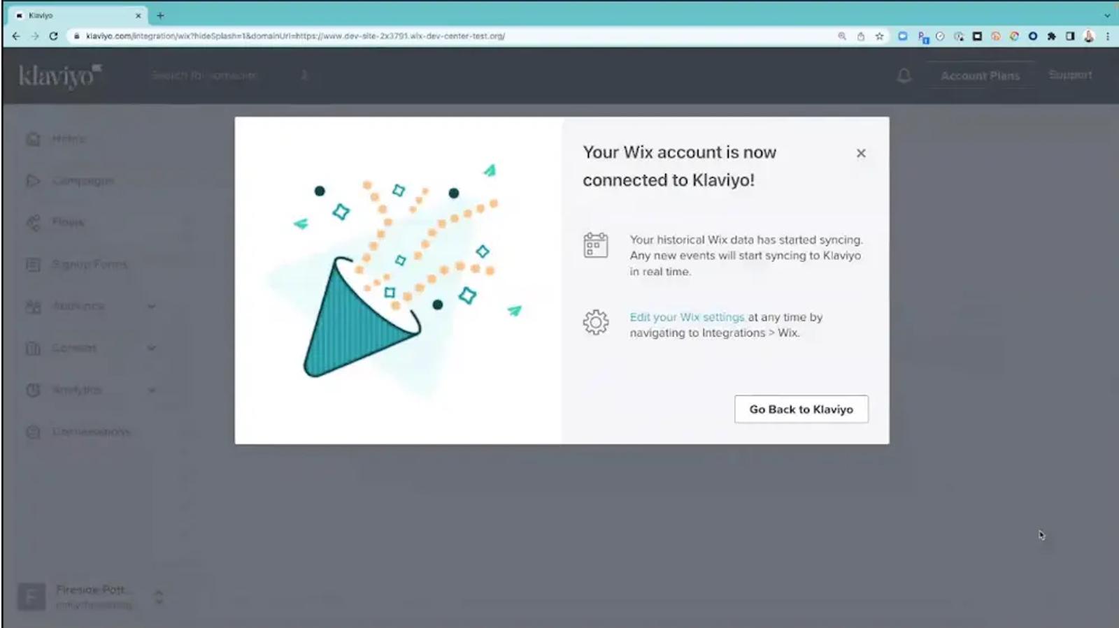 Image shows a success message from the Klaviyo dashboard.