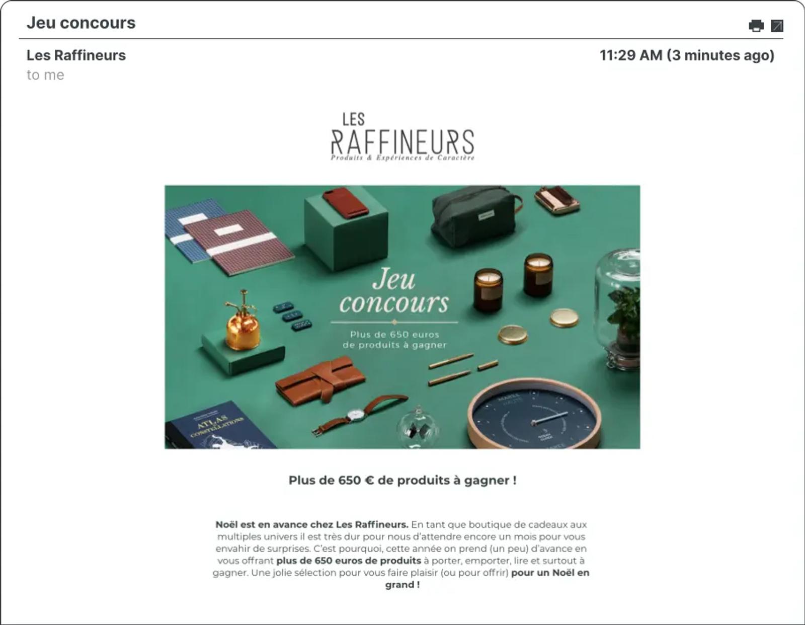 Captura de pantalla de una campaña de correo electrónico de Les Raffineurs.
