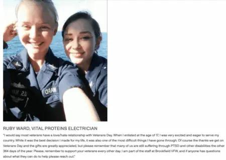 Image shows an employee quote from a Veterans Day blog post from supplements brand Vital Proteins, titled, “What Veterans Day means to 3 Vital employees.” The image shows two young veterans, both with light skin and one with blond hair and the other with brown hair, taking a selfie while wearing their dark blue uniform. Underneath is a quote from one of the veterans, talking about their conflicted relationship with Veterans Day.