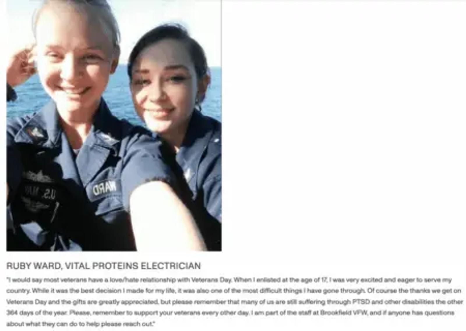 Image shows an employee quote from a Veterans Day blog post from supplements brand Vital Proteins, titled, “What Veterans Day means to 3 Vital employees.” The image shows two young veterans, both with light skin and one with blond hair and the other with brown hair, taking a selfie while wearing their dark blue uniform. Underneath is a quote from one of the veterans, talking about their conflicted relationship with Veterans Day.