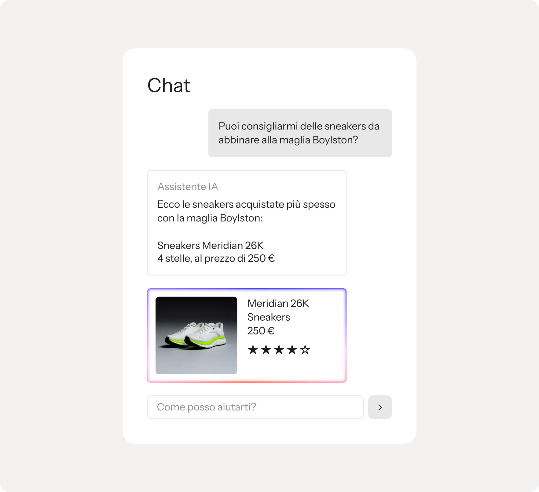 AI chat displaying a recommendation for white and neon green Meridian 26K sneakers with price and rating.