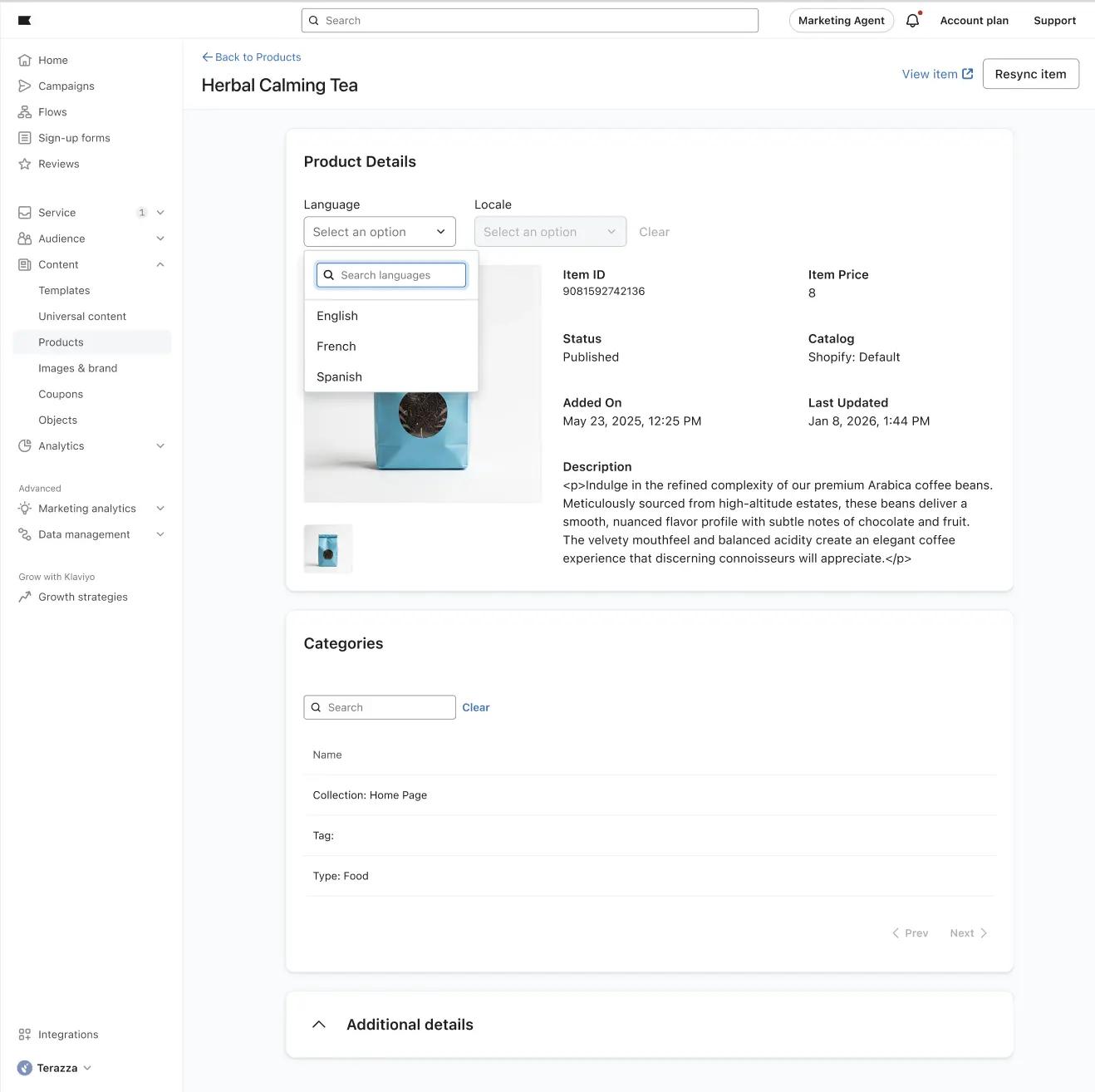 Product management interface for "Herbal Calming Tea" with options for language and locale selection. Product details and categories are displayed.