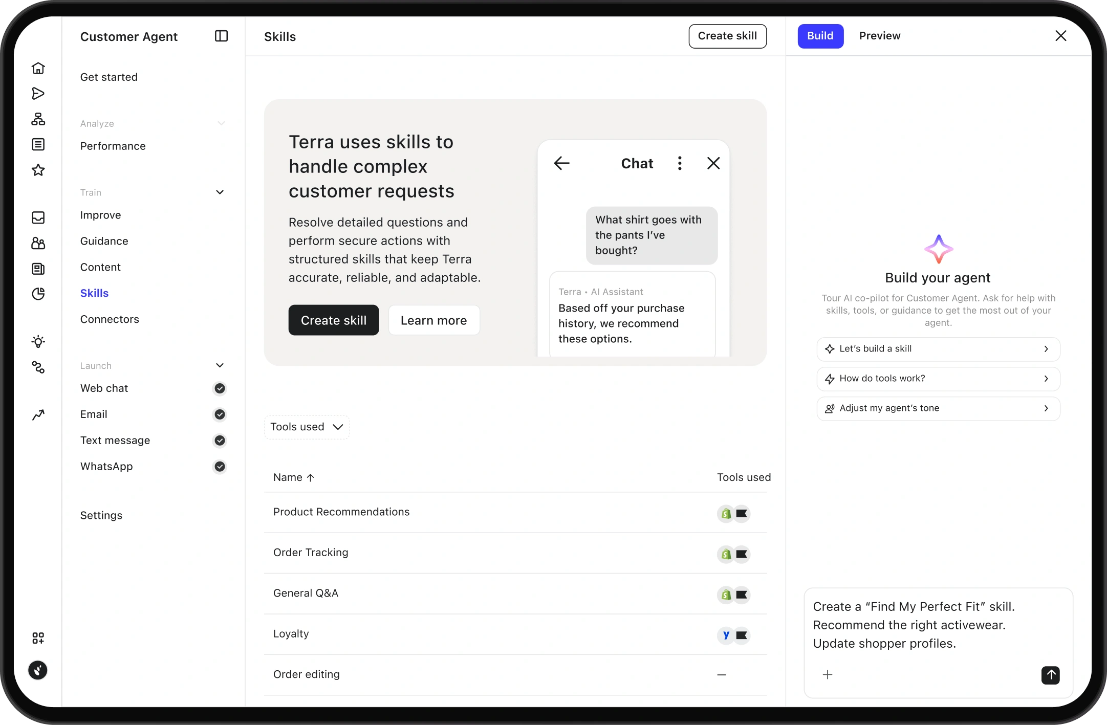 Customer Agent dashboard showing skills, connected tools, and an AI panel for building an agent.