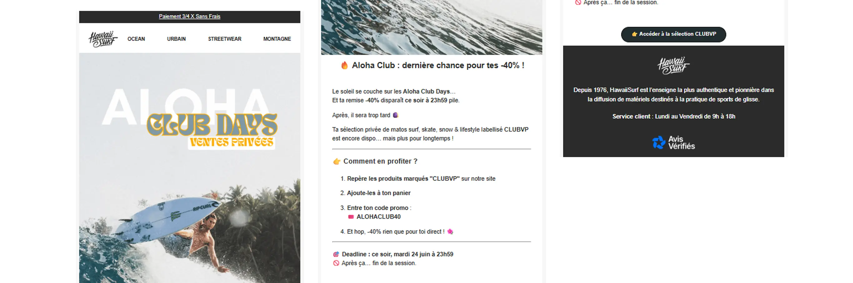 Offre promotionnelle HawaiiSurf avec -40% sur les produits "CLUBVP". Image de surfeur et instructions pour bénéficier de la réduction.