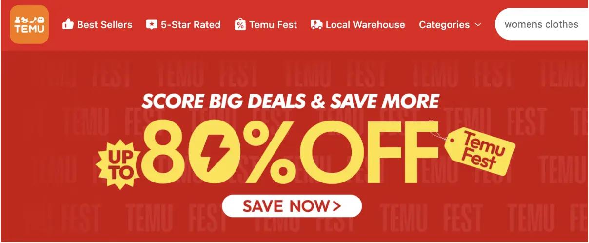 Temu promotion banner offering up to 80% off during Temu Fest, with a "Save Now" button.