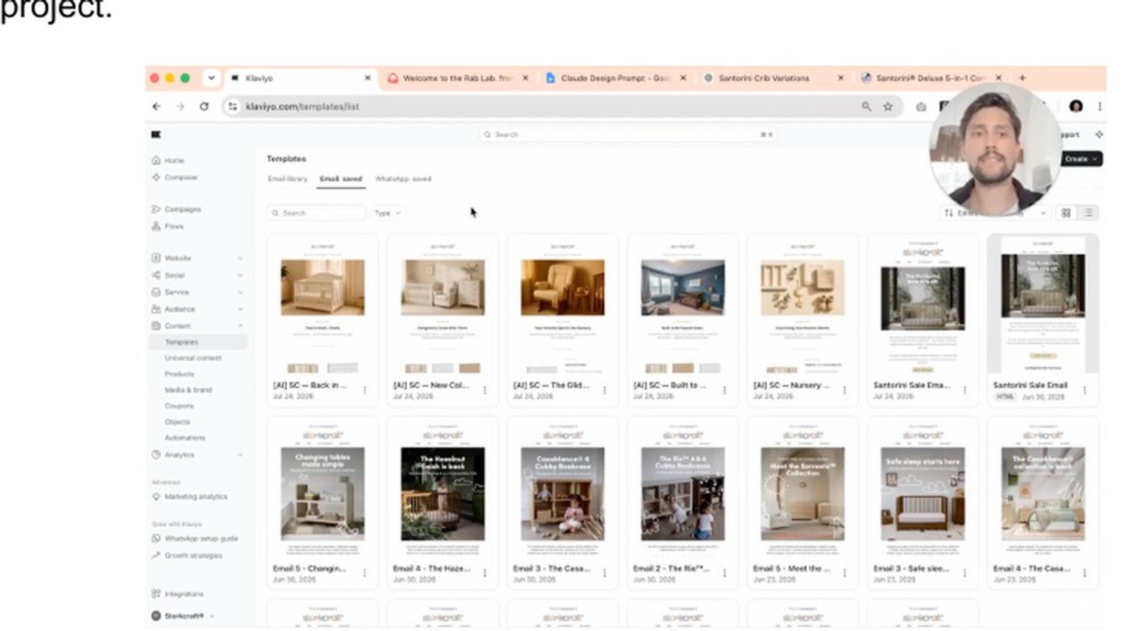 A web browser displays the Klaviyo email template section, showing numerous email templates featuring interior design photos, with a man's face in a circular profile picture at the top right.