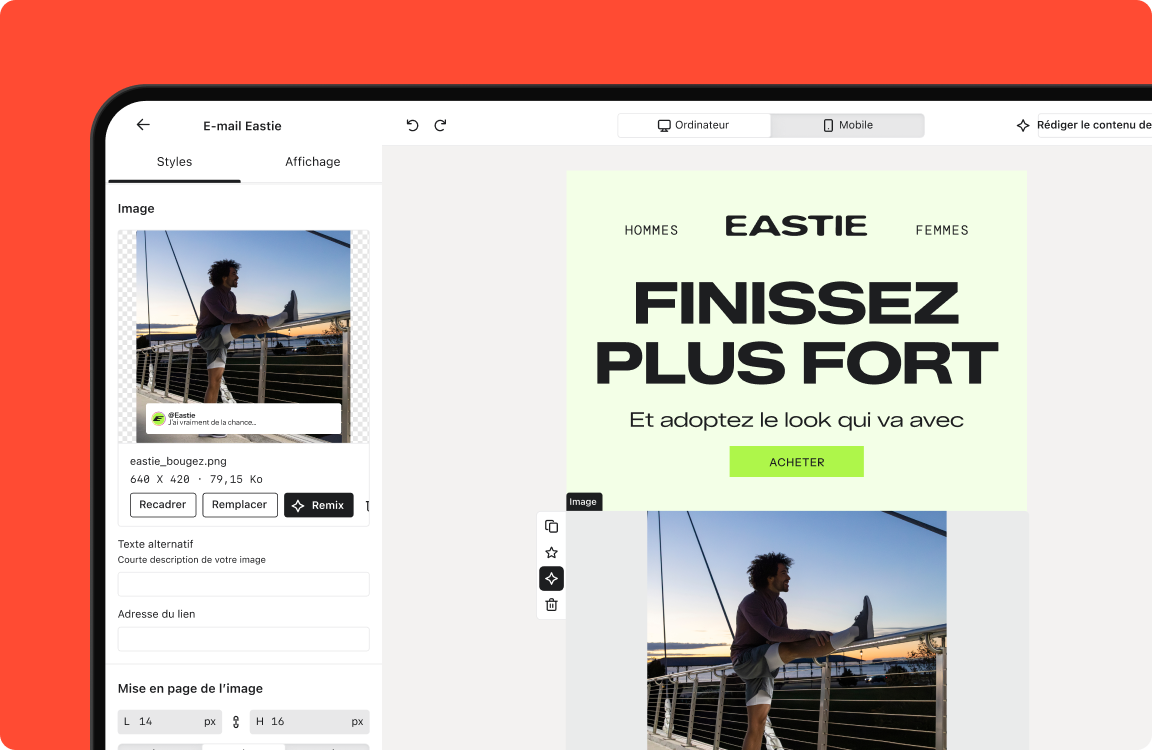 Email content editor showing a mobile preview of an Eastie ad featuring a man stretching outdoors.