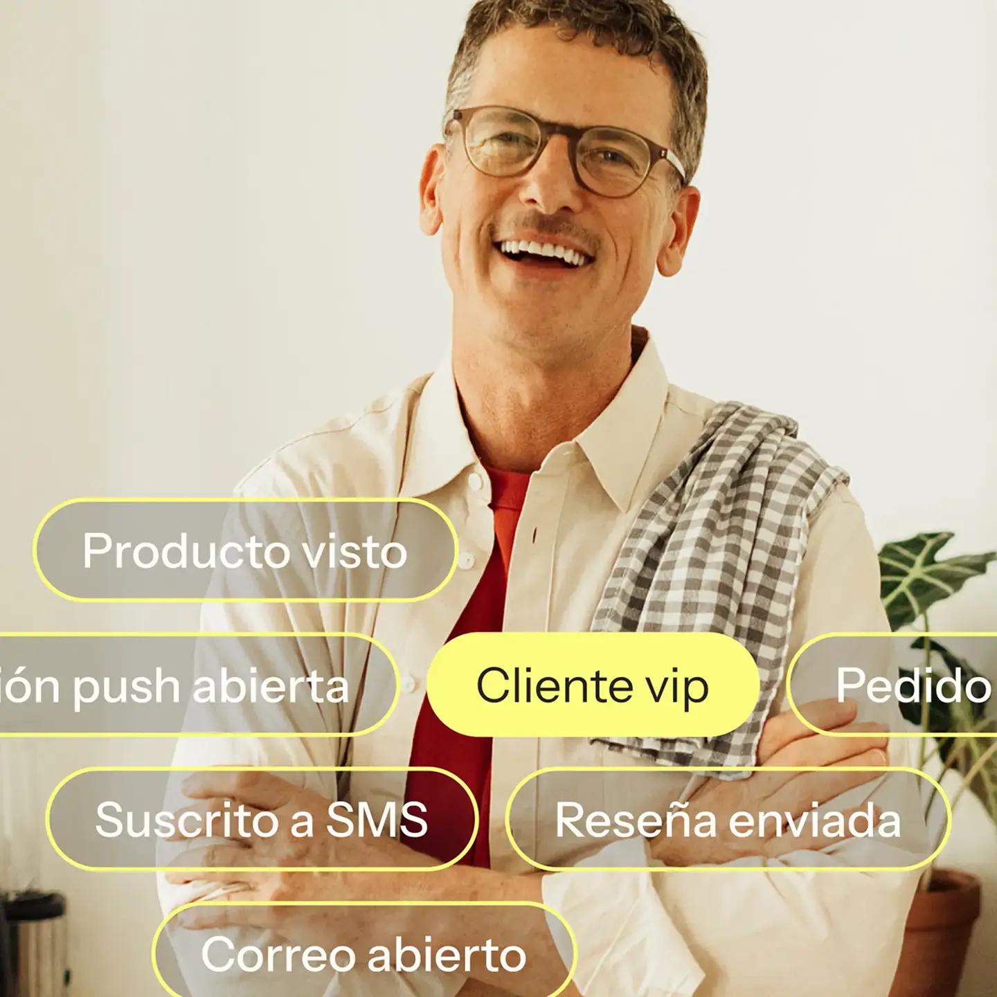 Hombre sonriendo con gafas y camisa clara, rodeado de etiquetas con texto como "Producto visto" y "Cliente vip".