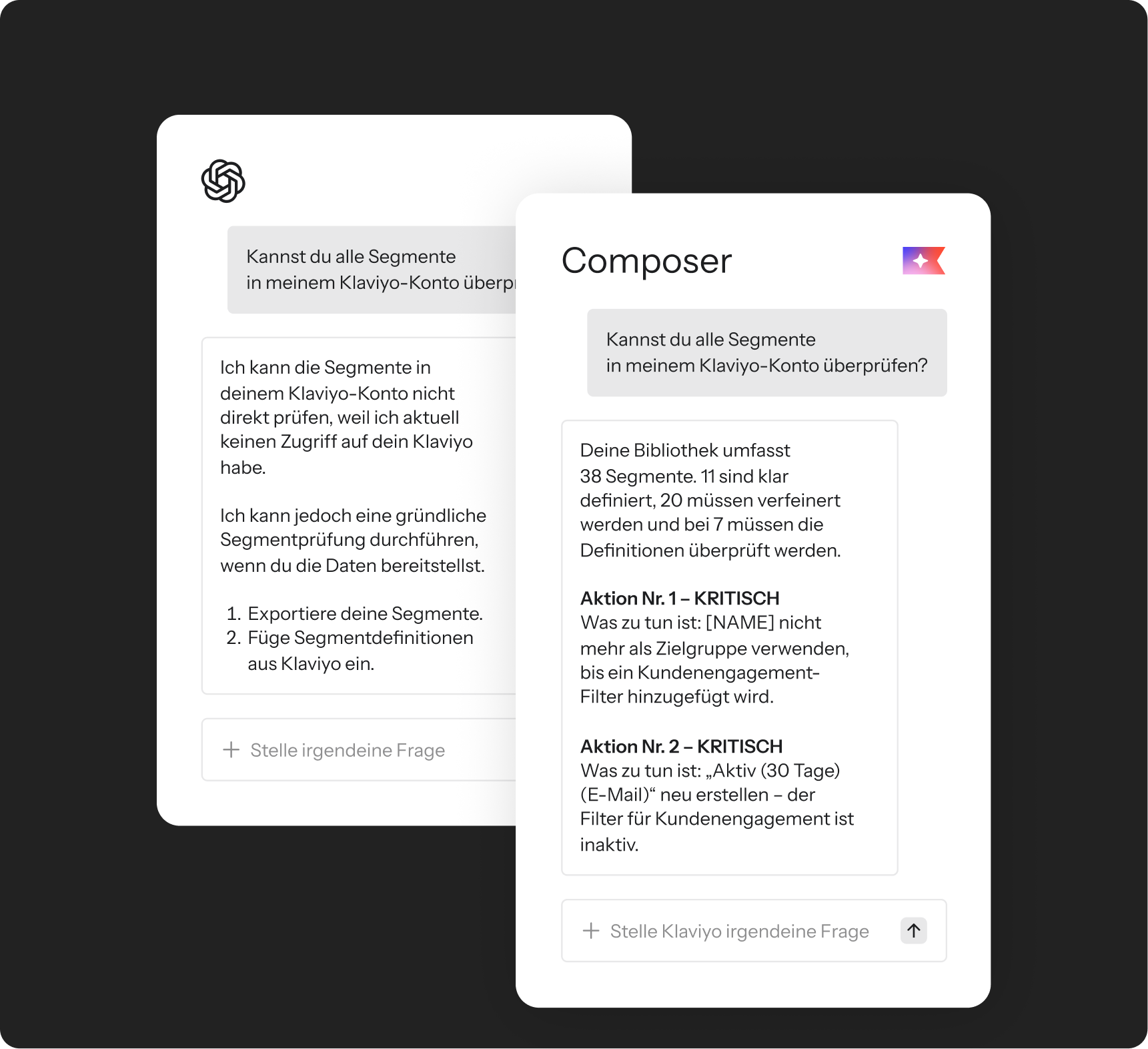 Two white cards displaying AI interfaces in German, one a general AI and the other a specialized 'Composer' tool, both discussing Klaviyo segment analysis and recommendations.
