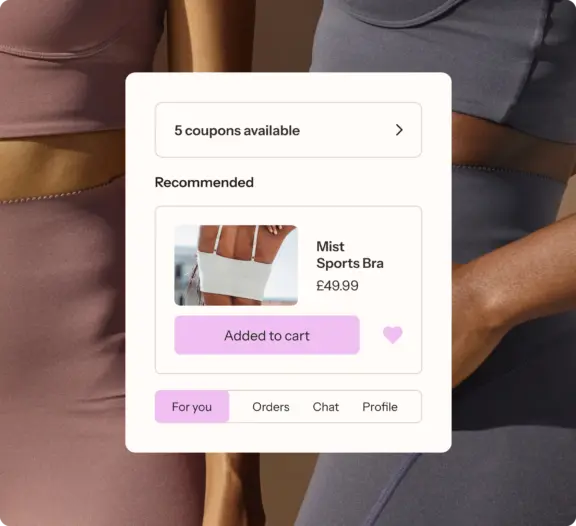 Shopping interface showing a "Mist Sports Bra" priced at £49.99, with "Added to cart" button and navigation tabs below.