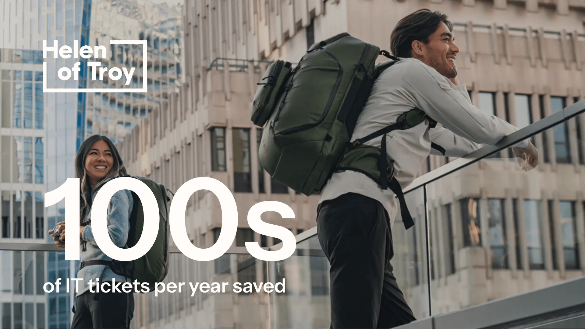 Photograph of Helen of Troy products with white text that reads "Hundreds of IT tickets per year saved."