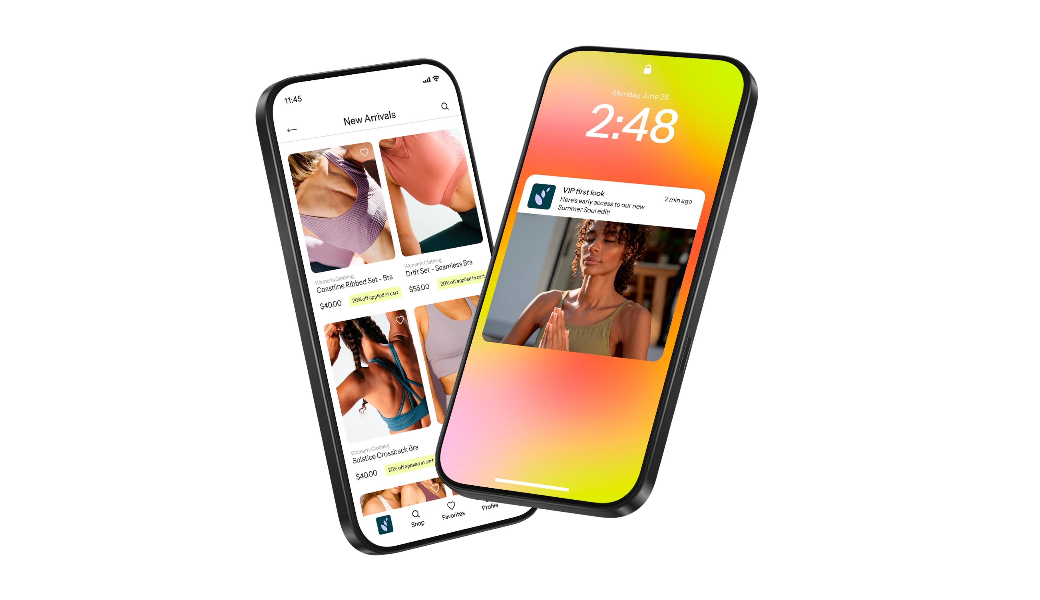Two smartphones show an activewear shopping app and a lock-screen notification with a woman meditating.