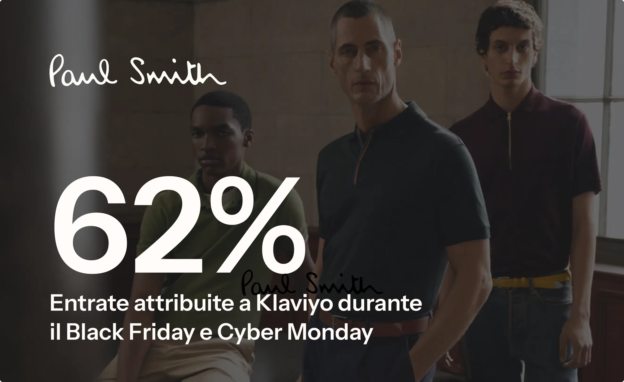 Paul Smith logo, tre uomini in abiti eleganti. Testo: "62% Entrate attribuite a Klaviyo durante il Black Friday e Cyber Monday".