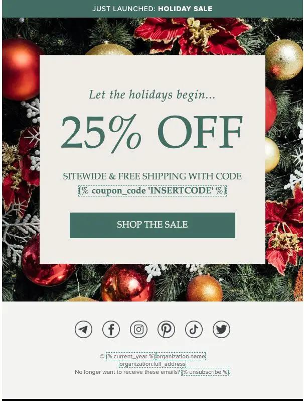 Weihnachtliches Werbebanner mit 25% Rabatt, Gratisversand und Code. Dekoriert mit roten und goldenen Ornamenten.