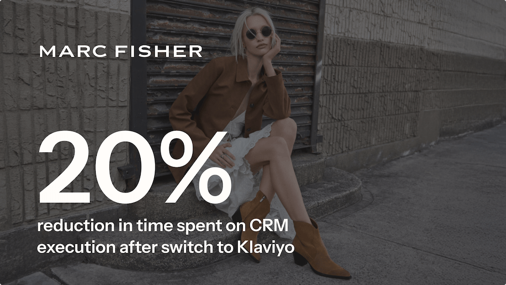 Marc Fisher ad: A woman sits on steps with text '20% reduction in time spent on CRM execution after switch to Klaviyo'.