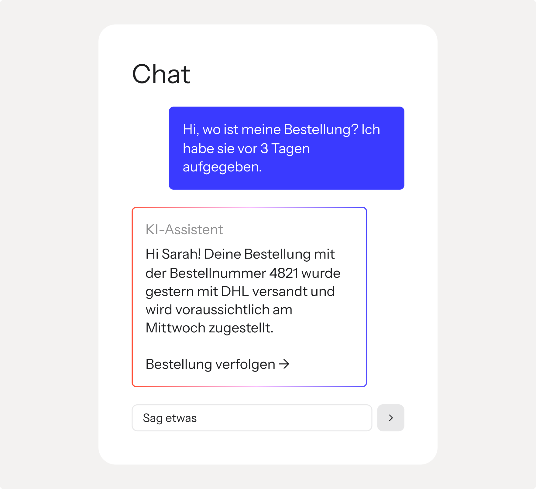 A chat interface showing a user asking about their order and an AI assistant providing tracking details for order number 4821, shipped with DHL.