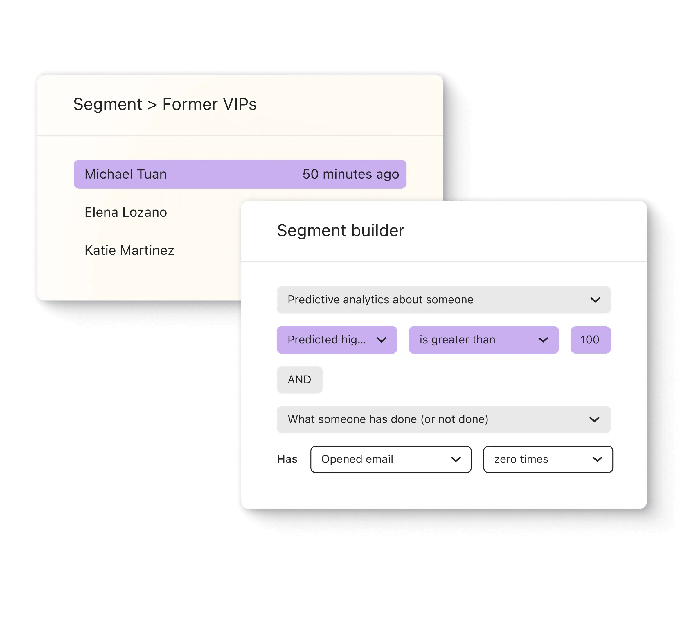 Image illustrant la création d’un segment nommé « Anciens VIP » dans l’éditeur de segments de Klaviyo