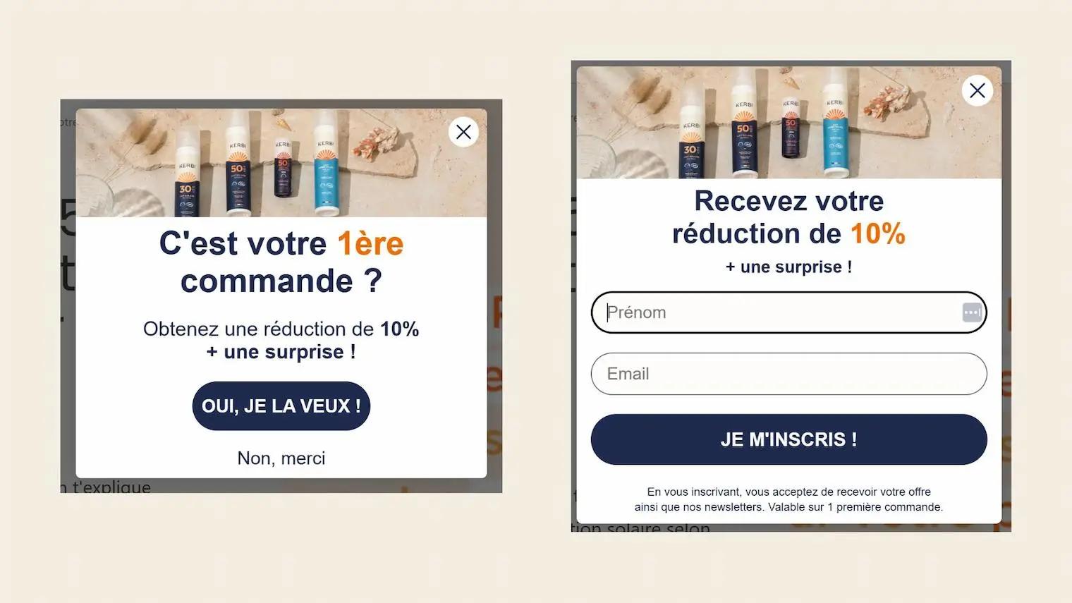 Offre de réduction de 10% pour une première commande avec formulaire d'inscription à la newsletter Kerbi.