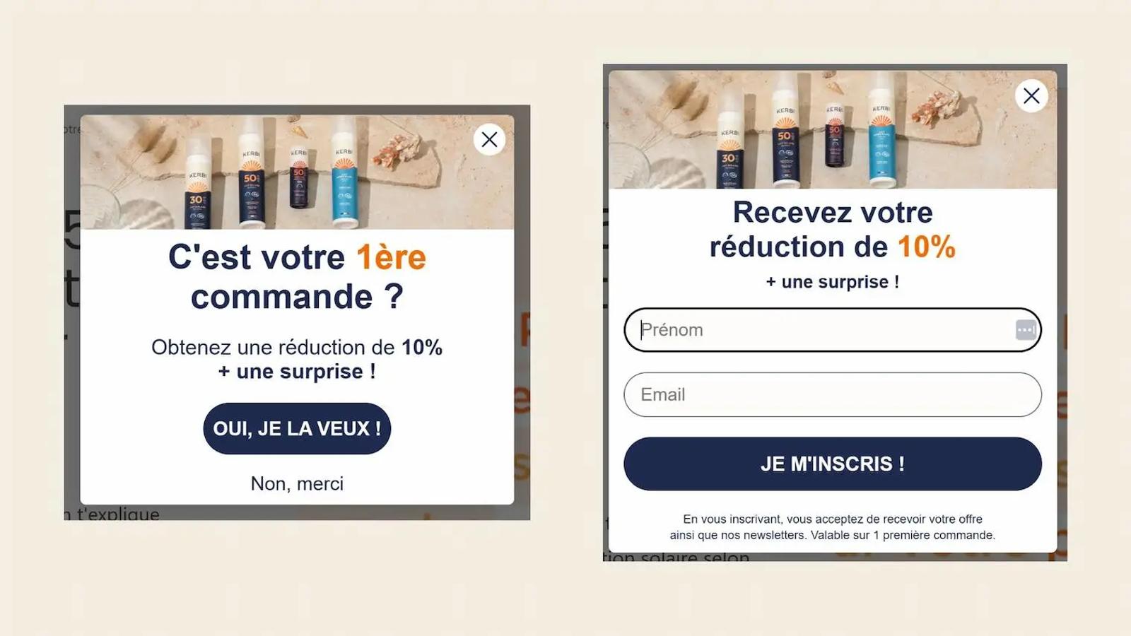 Offre de réduction de 10% pour une première commande avec formulaire d'inscription à la newsletter Kerbi.