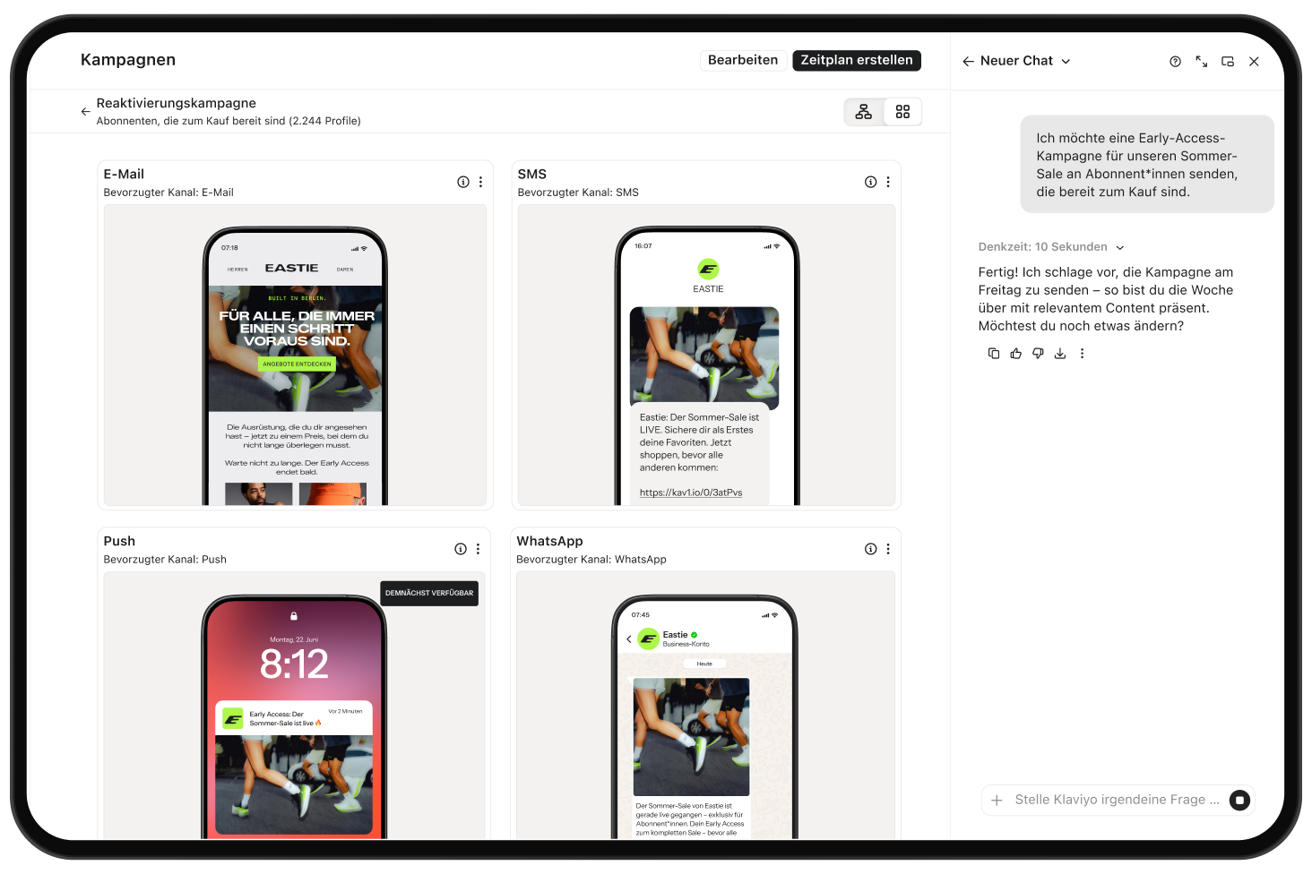 Campaign editor showing email, SMS, push, and WhatsApp previews alongside an AI chat assistant.