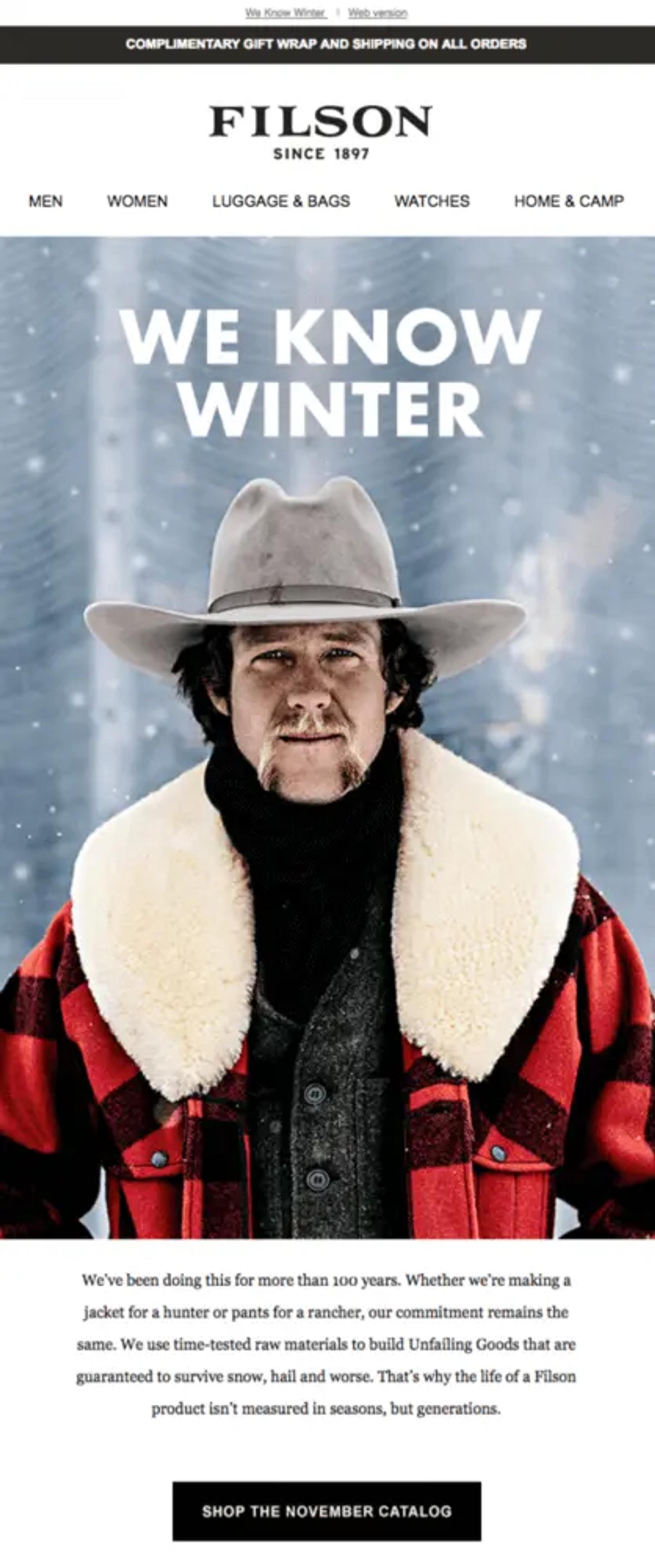 Image shows a person with a handlebar mustache wearing a gray cowboy hat, red plaid jacket with a beige wool collar, and a black turtleneck. Underneath is a block of text and a black CTA that says, “Shop the November catalog.”