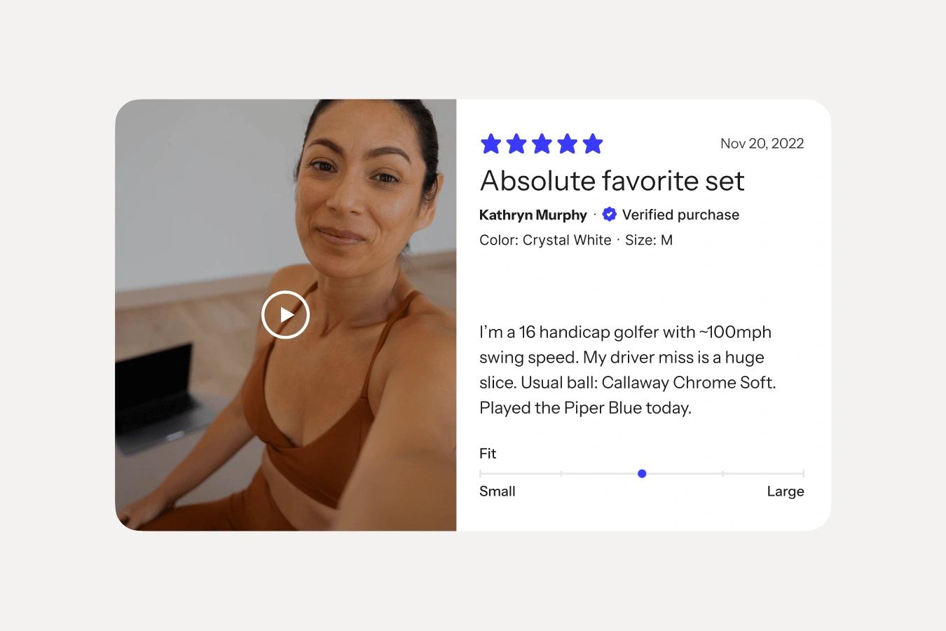 Video review card showing a woman beside a five-star verified purchase review titled “Absolute favorite set.”