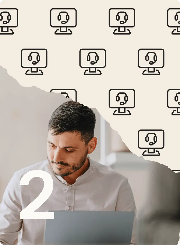 Man working on a laptop with a pattern of computer icons and headsets in the background, number 2 overlay.