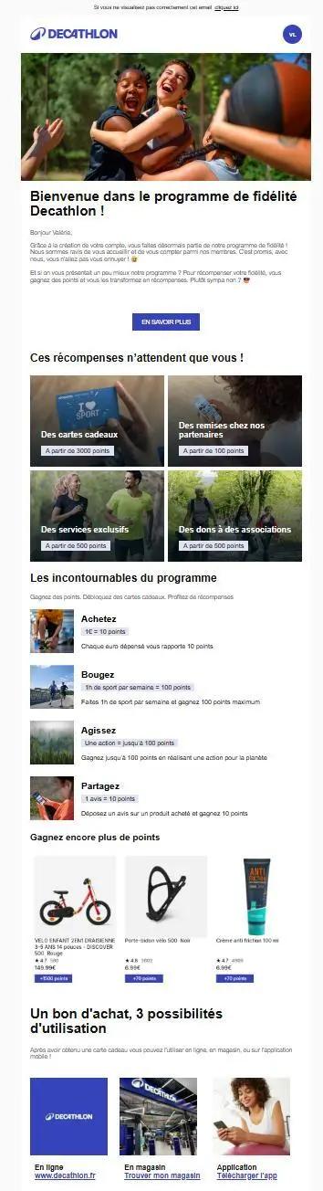 Capture de l’e-mail de bienvenue de Decathlon avec l’objet "Bienvenue dans le programme de fidélité Decathlon !", détaillant le fonctionnement du programme de points, les récompenses et les modalités d’utilisation des bons d’achat.