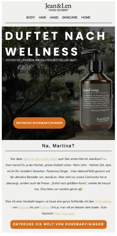 Jean & Len Werbeanzeige für Handseife mit Rosmarin-Ingwer-Duft. Text: "Duftet nach Wellness". Button: "Entdecke Rosemary/Ginger".