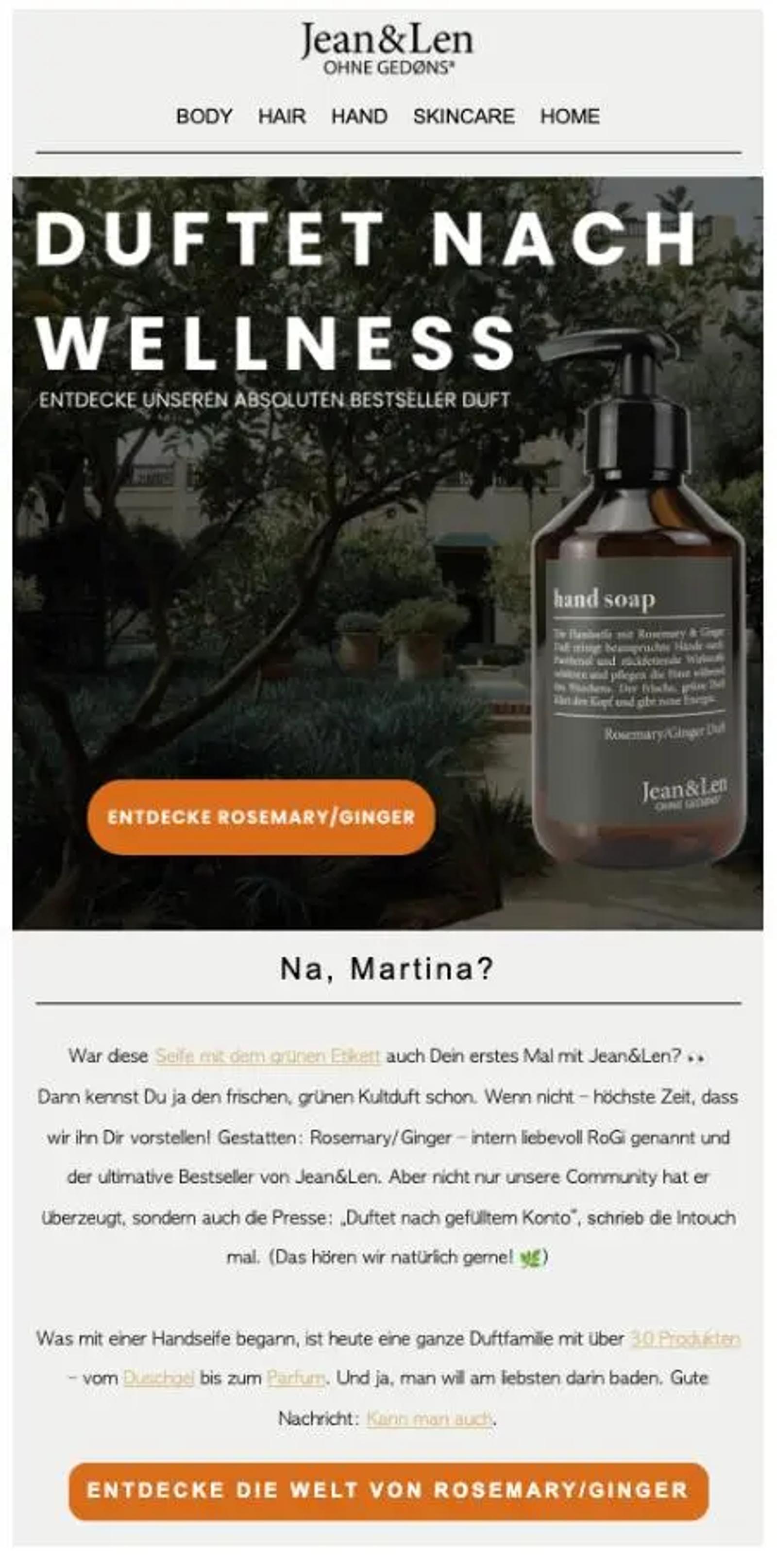 Jean & Len Werbeanzeige für Handseife mit Rosmarin-Ingwer-Duft. Text: "Duftet nach Wellness". Button: "Entdecke Rosemary/Ginger".