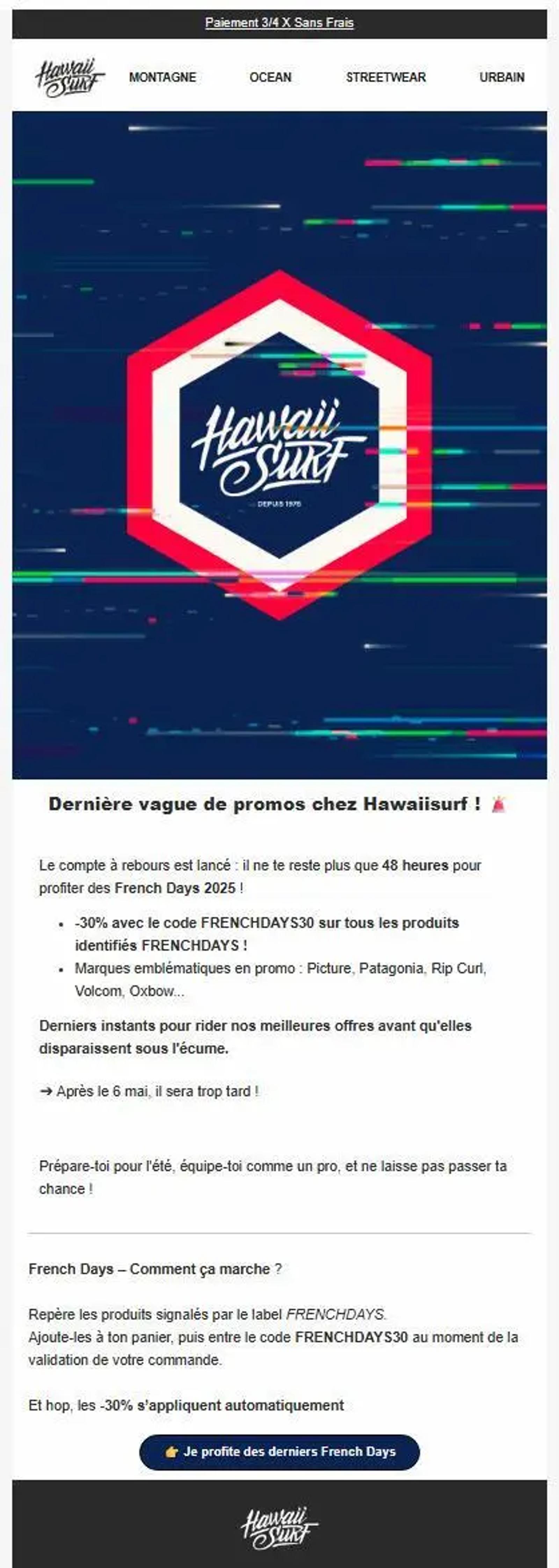Email promotionnel Hawaiisurf pour les French Days 2025, avec un compte à rebours et un CTA « Je profite des derniers French Days » incitant à l’action immédiate.